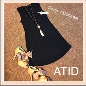 ATID Deep V Velvet Rib Knit Cutout Contrast Dress